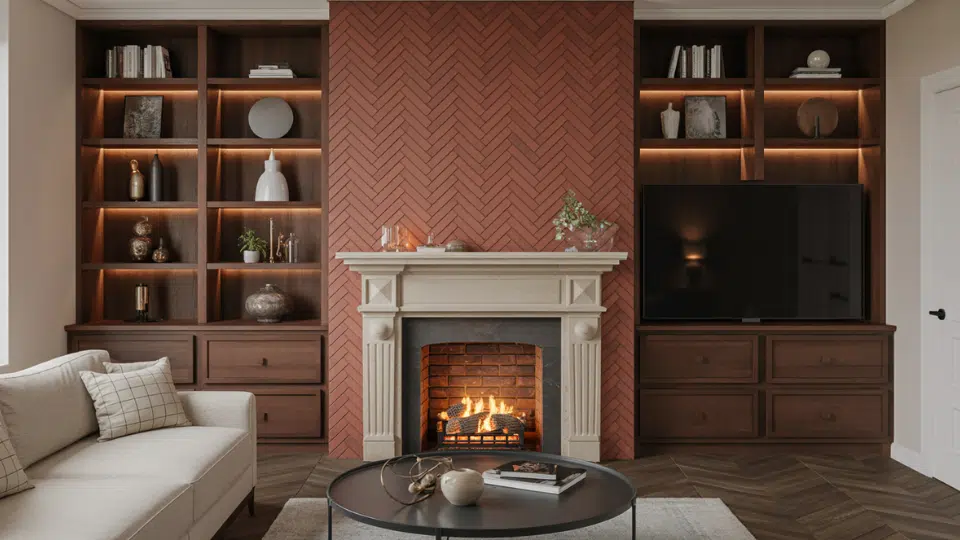 herringbone brick fireplace wall
