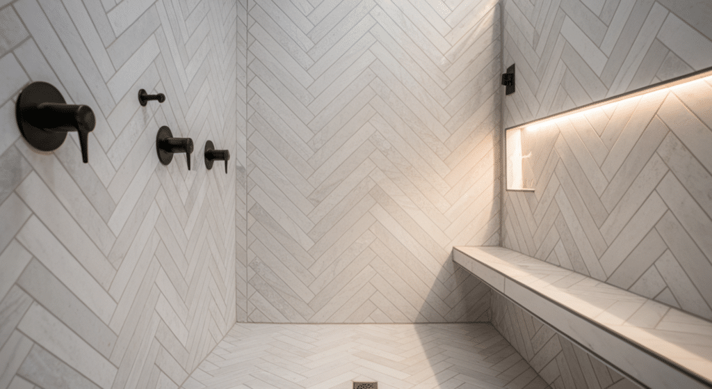 herringbone tile layout shower