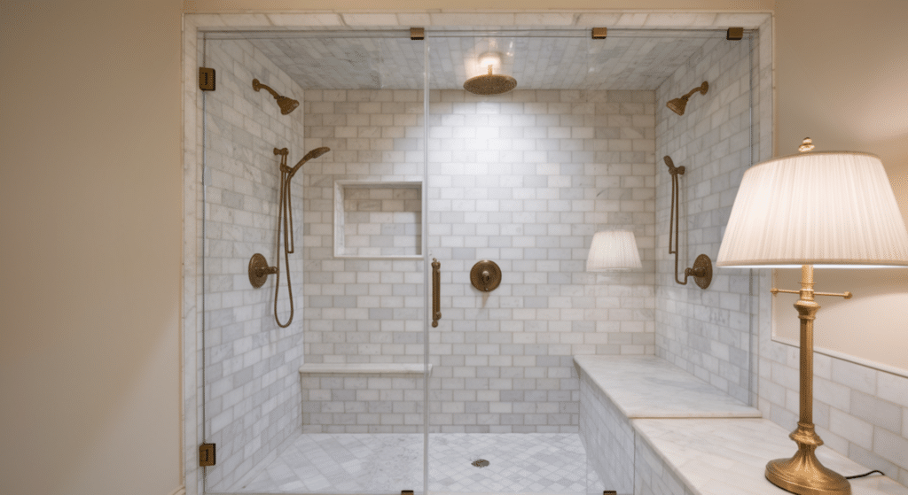 marble and brass accent shower