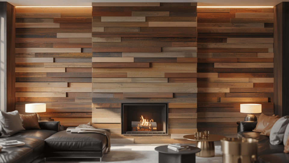 mixed width wood plank fireplace wall