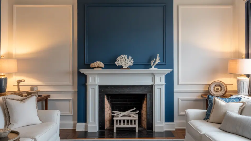navy blue classic fireplace backdrop