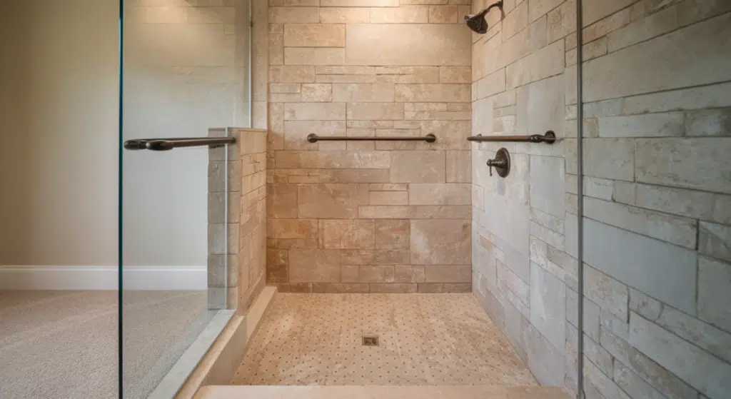 neutral sandstone tile shower