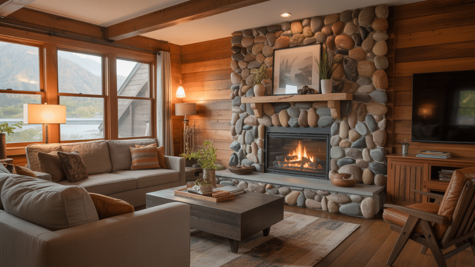 river rock fireplace wall