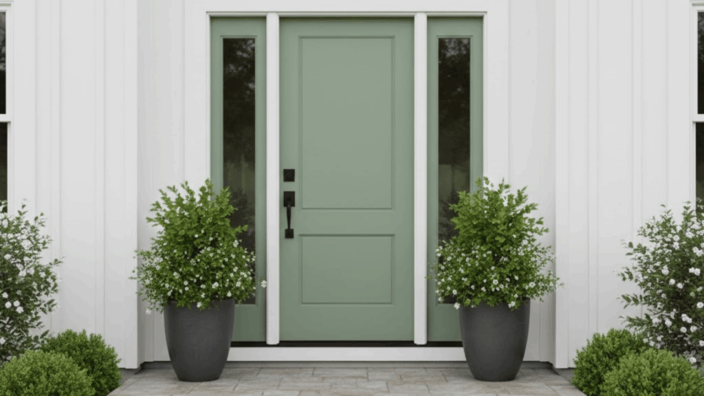 sage green on accent walls and exteriors