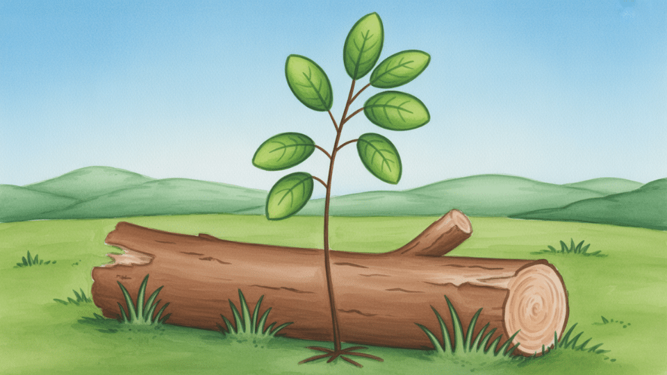 sapling growing beside a fallen log