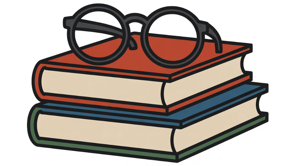 stack of books with a pair of glasses