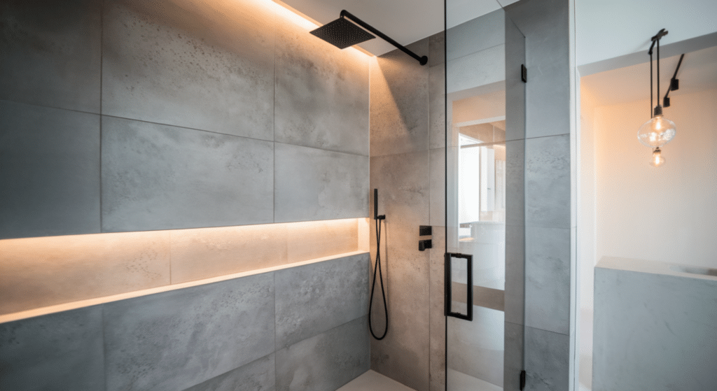 textured gray concrete tile shower