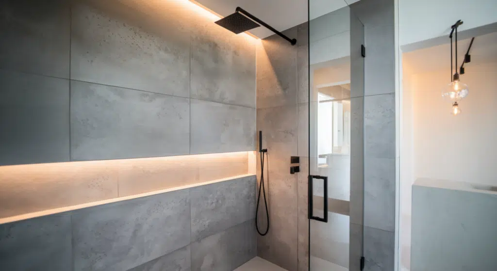 textured gray concrete tile shower