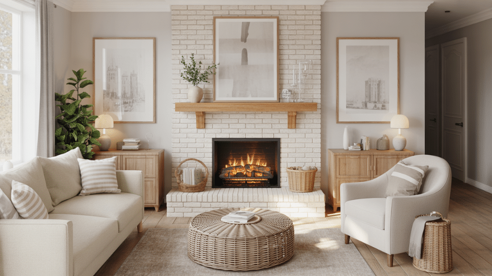 whitewashed brick fireplace wall