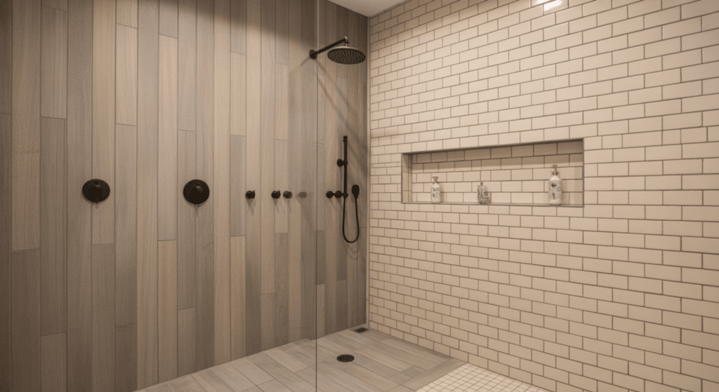 wood look porcelain tile shower