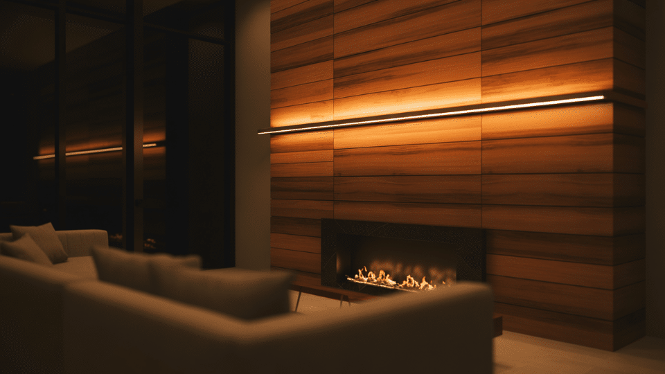 wood panel wall with led reveal
